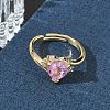 Adjustable Brass Finger Rings with Pink Heart Cubic Zirconia for Valentine's Day CU-CBA7E55-11G-2