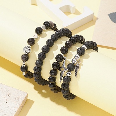4Pcs 4 Style Natural Silver Obsidian & Lava Rock Stretch Bracelets Set BJEW-JB09480-1