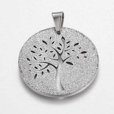 Non-Tarnish Trendy Flat Round with Tree Necklace Findings 304 Stainless Steel Textured Pendants X-STAS-L012-D09P-1