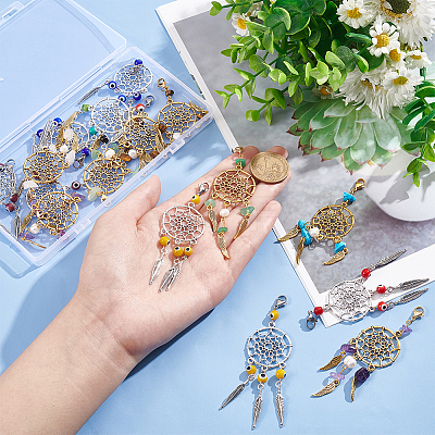 16Pcs 2 Style Woven Web/Net with Feather Alloy Pendant Decoration HJEW-NB0001-82-1