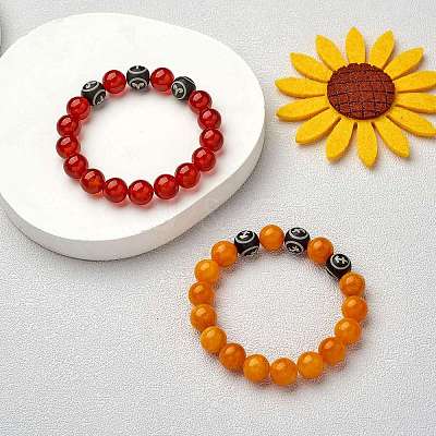 Dark Orange Natural Yellow Jade Round Beaded Stretch Bracelet BJEW-SW00077-07-1