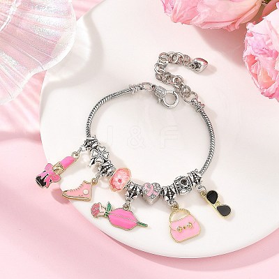 Makeup Theme Alloy Enamel Lipstick Handbag Shoe Charm Brass European Bracelets for Women BJEW-JB14237-02-1