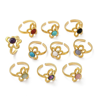 316 Stainless Steel with Natural Mixed Gemstone Cuff Rings RJEW-Z098-01G-09-1