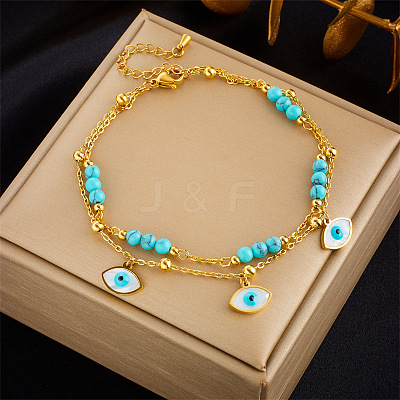 304 Stainless Steel & Round Synthetic Turquoise & Natural Shell Charm Double Layer Anklets FS-WGEF8AA-05-1