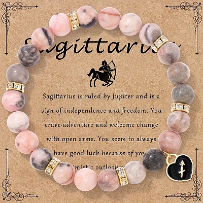 12 Constellations Natural Zebra Jasper Round Beaded with Enamel Heart Charm Bracelets WGB6967-11-1