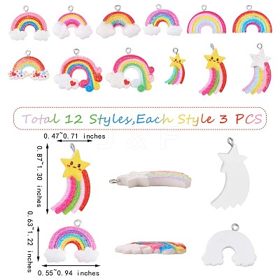 36 Pieces 12 Styles Glitter Powder Rainbow Pendants JX250A-1