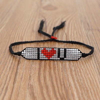 Glass Seed Wide Band with Word I Love U Heart Friendship Link Bracelet for Women BJEW-P269-11-1
