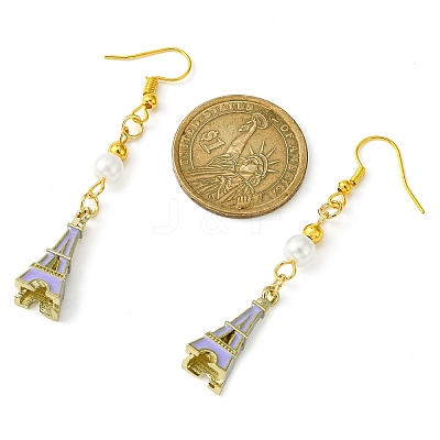 Alloy Enamel Eiffel Tower Dangle Earrings with Imitation Pearl Beaded EJEW-JE05422-02-1