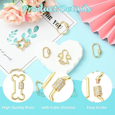 9Pcs 9 Styles Brass Micro Pave Clear Cubic Zirconia Screw Carabiner Lock Charms KK-CJ0004-25-1