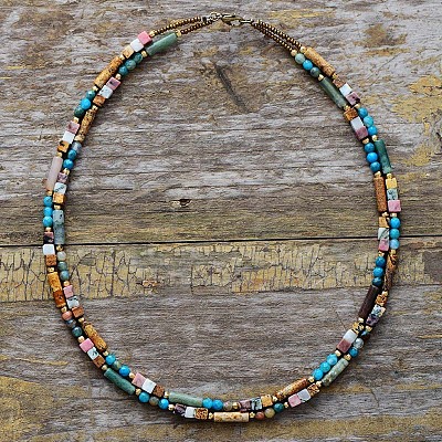 Bohemian Natural Mixed Stone & Glass Seed Beads Double-Layer Beaded French Necklaces for Women FS-WGCD50A-01-1