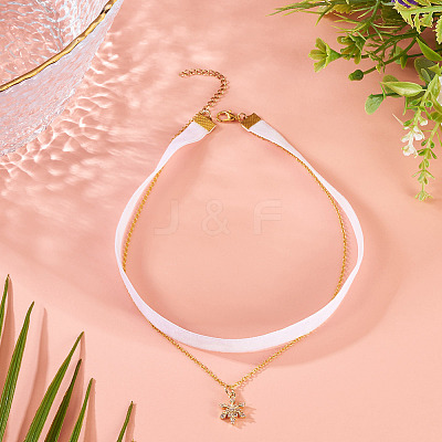 Brass Micro Pave Clear Cubic Zirconia Snowflake Pendant Single Face White Velvet Ribbon & Brass Chain Double Layered Choker Necklaces NJEW-TAC0037-1