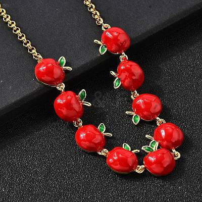 Teachers' Day Brass Red Enamel Fruit Link Chain Necklaces NJEW-K287-04B-G-1
