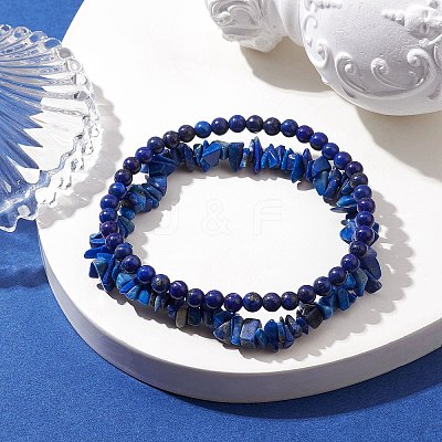 Chip & Round Natural Lapis Lazuli Beaded Stretch Bracelets for Women BJEW-JB10189-07-1
