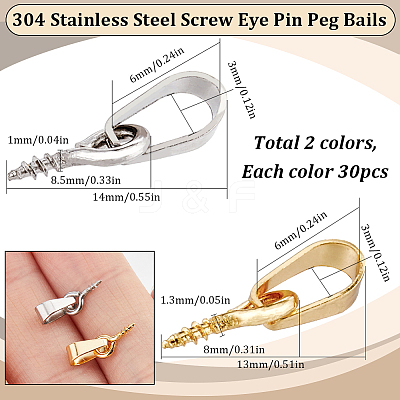 60Pcs 2 Colors 304 Stainless Steel Screw Eye Pin Peg Bails STAS-SC0007-91-1