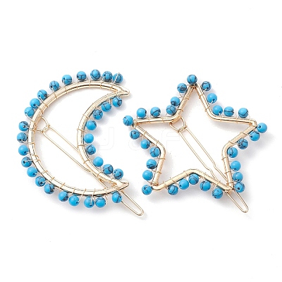 2Pcs Moon & Star Alloy with Synthetic Turquoise Hollow Hair Barrettes PHAR-JH00105-01-1