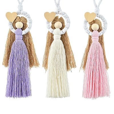3Pcs 3 Colors Handmade Macrame Cotton Angel Hanging Ornaments HJEW-JM02711-1