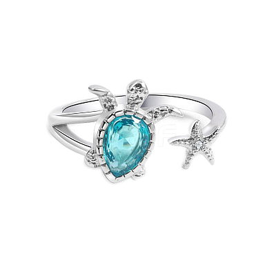 Brass Micro Pave Cubic Zirconia Sea Turtle & Starfish Cuff Ring PW-WGF4995-01-1