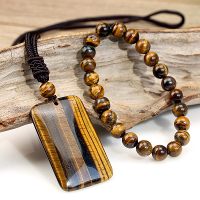 Natural Tiger Eye Round Beads Bracelets & Rectangle Pendant Necklaces Sets for Women WGAB457-01-1