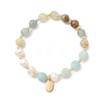8MM Round Natural Blue Calcite and Potato Natural Pearl Beaded Stretch Bracelets BJEW-JB14482-1