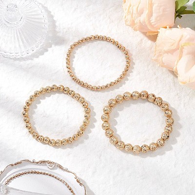 3Pcs 3 Styles Electroplated Natural Lava Rock Round Beads Stretch Bracelets for Women Men BJEW-JB11982-1