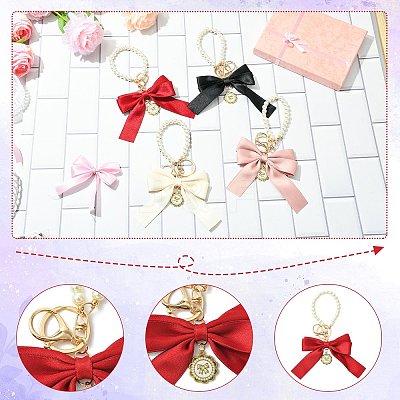 4Pcs 4 Colors Alloy Imitation Pearl Bowknot Keychains for Decorations ST-CJ0028-03-1