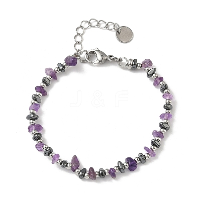 Natural Amethyst Chip & Non-magnetic Synthetic Hematite Beaded Bracelet for Women BJEW-Z148-02P-08-1