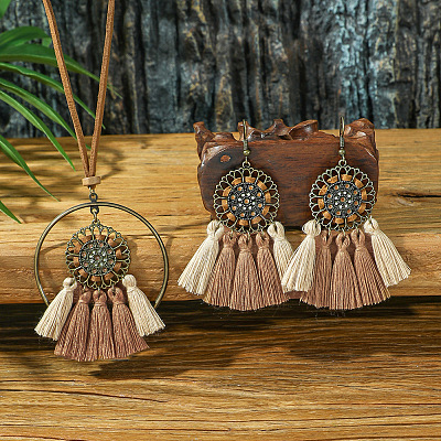Alloy & Wood Tassel Pendant Necklace & Dangle Earring FS-WGEEC72-05-1