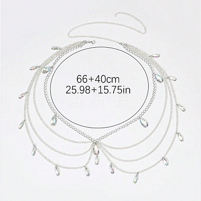 Gothic Style Alloy & Clear Glass Teardrop Tassel Multilayer Waist Belly Chains for Women FS-WGFFABC-01-1