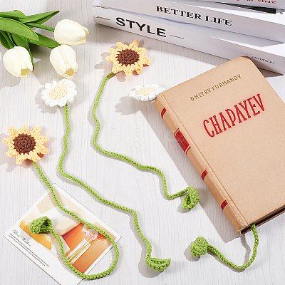 4Pcs 2 Styles Woolen Yarn Crochet Plant Bookmarks AJEW-CP0007-94-1
