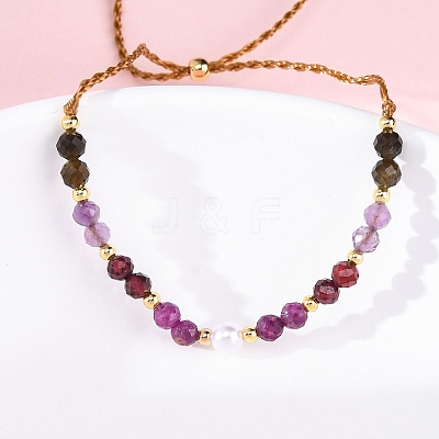 Faceted Round Natural Grey Agate & Red Agate & Amethyst Braided Bead Bracelets BJEW-F493-09G-03-1