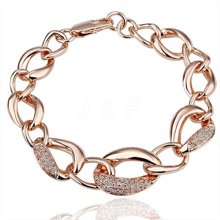 Real Rose Gold Plated Tin Alloy Czech Rhinestone Curb Chain Link Bracelets BJEW-BB10046-RG-1