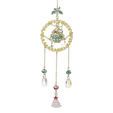Glass Beads Wire Wrapped Brass Christmas Tree Pendant Decoration X1-HJEW-TA00235-1