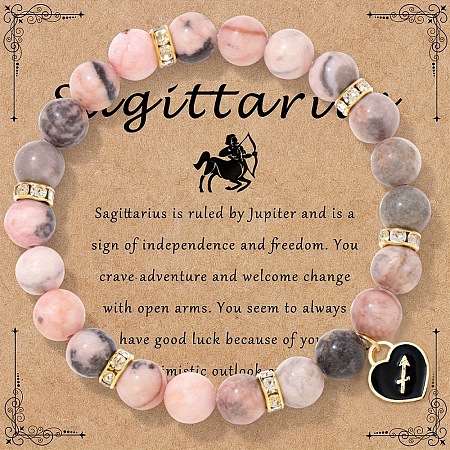 12 Constellations Natural Zebra Jasper Round Beaded with Enamel Heart Charm Bracelets WGB6967-11-1