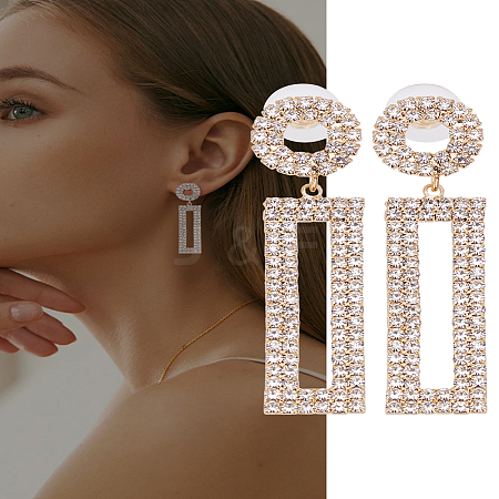 1 Pairs Brass Rhinestone Ring with Rectangle Dangle Stud Earrings for Women EJEW-LP0001-91G-1