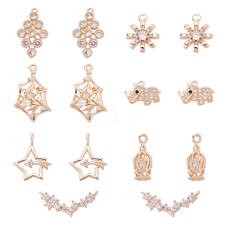 14Pcs 7 Style Brass Micro Pave Clear Cubic Zirconia Pendants ZIRC-GA0001-07-1