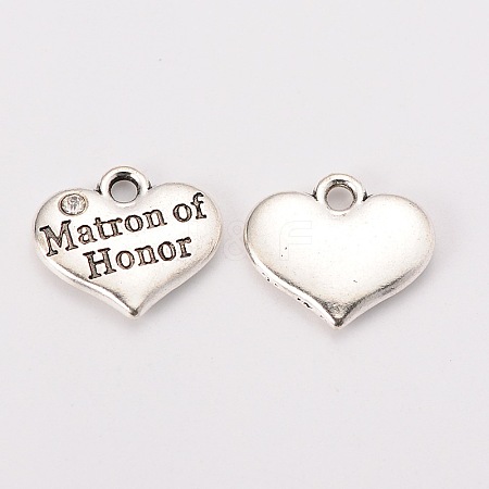Wedding Theme Antique Silver Tone Tibetan Style Heart with Matron of Honor Rhinestone Charms X-TIBEP-N005-03A-1