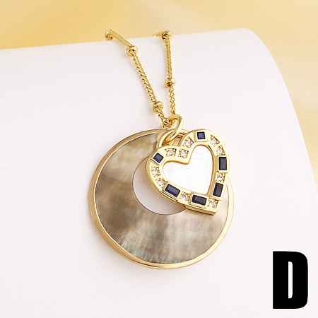Brass Pave Clear and Blue Cubic Zirconia & Natural Paua Shell Flat Round with Heart Pendant Necklaces for Women WG481B6-04-1