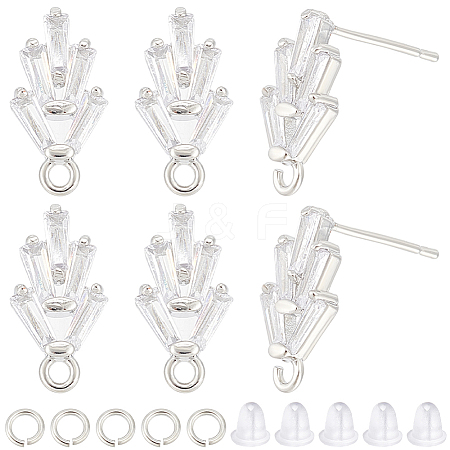 6 Pairs Leaf Shape Brass Cubic Zirconia Stud Earring Findings KK-CN0003-20P-1