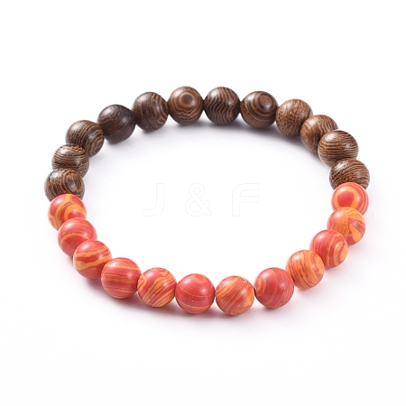  Jewelry Beads Findings Unisex Stretch Bracelets, with Synthetic Malachite Beads and Wood Beads, Round, Orange, 57mm