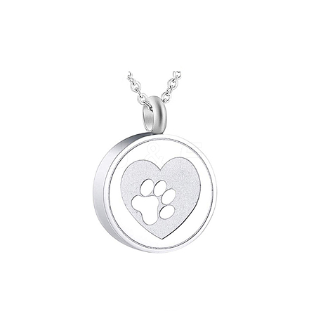 Stainless Steel Flat Round with Paw Print Urn Ashes Pendant Necklace BOTT-PW0005-18C-1
