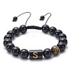 10MM Natural Black Onyx(Dyed & Heated) and Tiger Eye Alphabet Round Braided Bead Adjustable Bracelets for Women DM6424-19-1