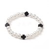 Natural Black Onyx Cross & ABS Plastic Imitation Pearl Beaded Stretch Bracelet for Women BJEW-JB09219-1