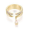 Brass Micro Pave Clear Cubic Zirconia with Teardrop Pendant Cuff Open Rings KK-T080-02G-2