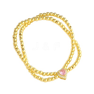 Brass Pave Cubic Zirconia Heart Round Beaded Stretch 2-Strand Bracelets for Women WG63F7B-01-1