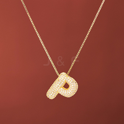 Brass Micro Pave Clear Cubic Zirconia Initial Pendant Necklaces for Women FS-WGDC51D-16-1