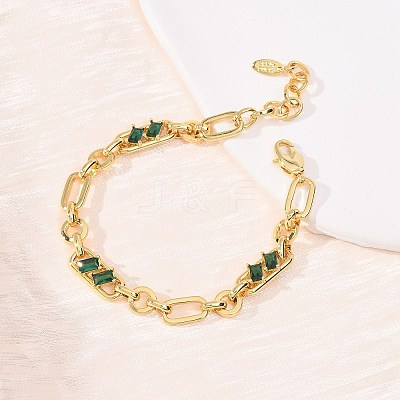 Ring & Paperclip Brass Micro Pave Cubic Zirconia Link Chain Bracelets for Women BJEW-D458-03G-05-1