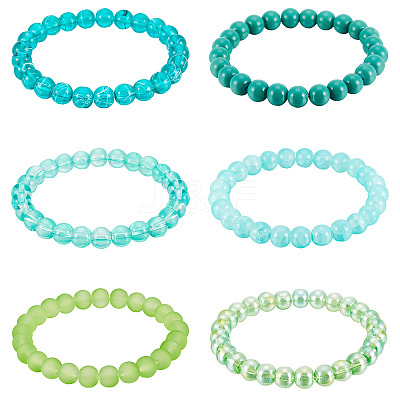 6Pcs 6 Styles 8mm Glass Round Beaded Stretch Bracelet Sets BJEW-TAC0025-1
