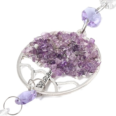 Tree of Life Natural Amethyst Chips & Glass Crystal Round Suncatchers HJEW-E013-07P-1