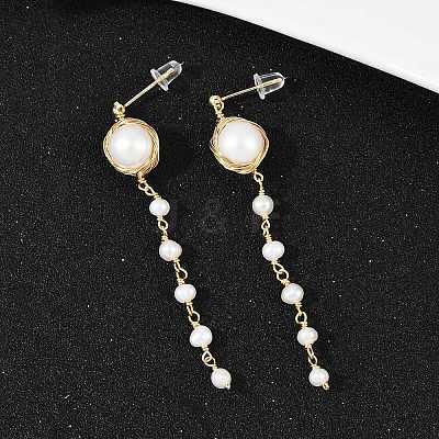 Round Brass Natural Freshwater Pearl Tassel Stud Earrings EJEW-U072-02G-1