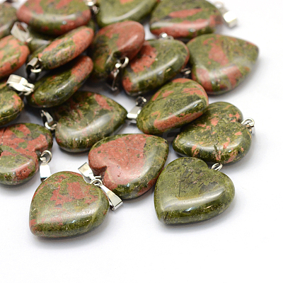 Heart Natural Unakite Pendants X-G-Q438-07-1